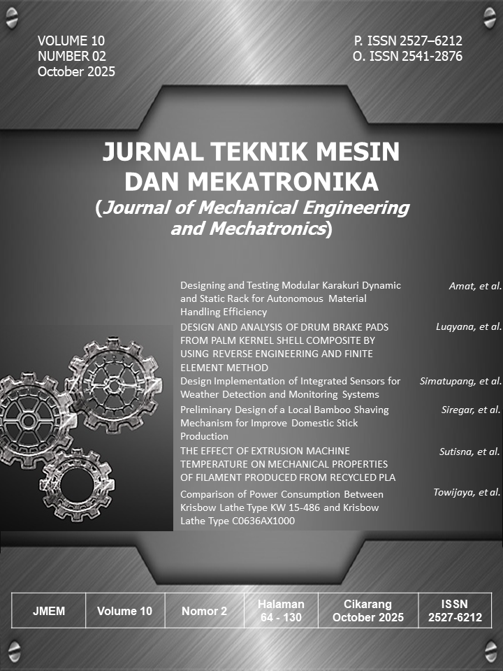 					View Vol. 10 No. 02 (2025): Jurnal Teknik Mesin dan Mekatronika (Journal of Mechanical Engineering and Mechatronics)
				